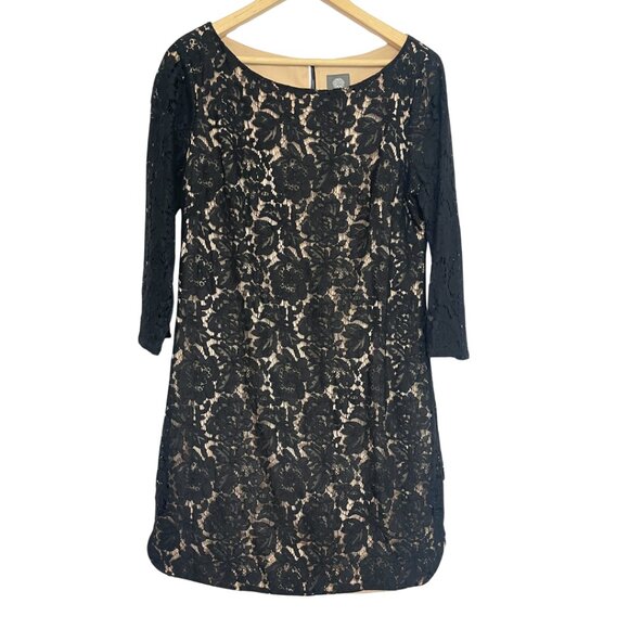 Vince Camuto Lace Overlay Dress Size 12 Black 3/4 Sheer Sleeve Shirttail Hem - Picture 1 of 13